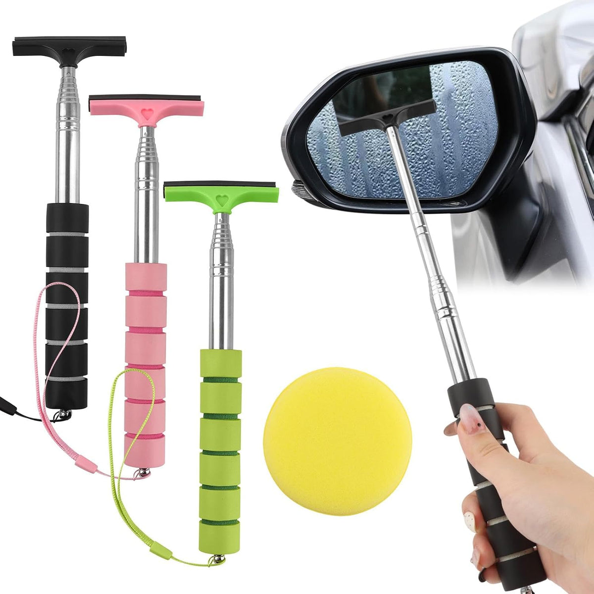 3 Pack Side Mirror Squeegee, Retractable Car Rearview Mirror Wiper, 8.45 to 38.5 Inch Extendable Car Mirror Cleaner, Portable Rubber Squeegee for Rain, Fog, Windshield & Windows, Black Pink Green