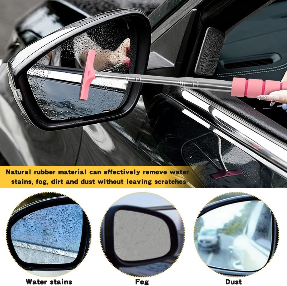3 Pack Side Mirror Squeegee, Retractable Car Rearview Mirror Wiper, 8.45 to 38.5 Inch Extendable Car Mirror Cleaner, Portable Rubber Squeegee for Rain, Fog, Windshield & Windows, Black Pink Green